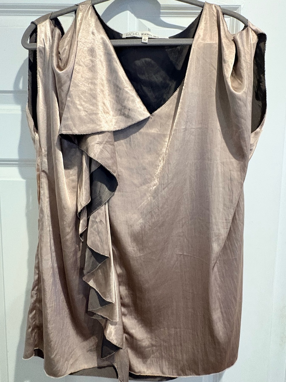 Rachel Rachel Roy Metallic Cold-Shoulder Ruffle Top – Champagne/Taupe – Size L